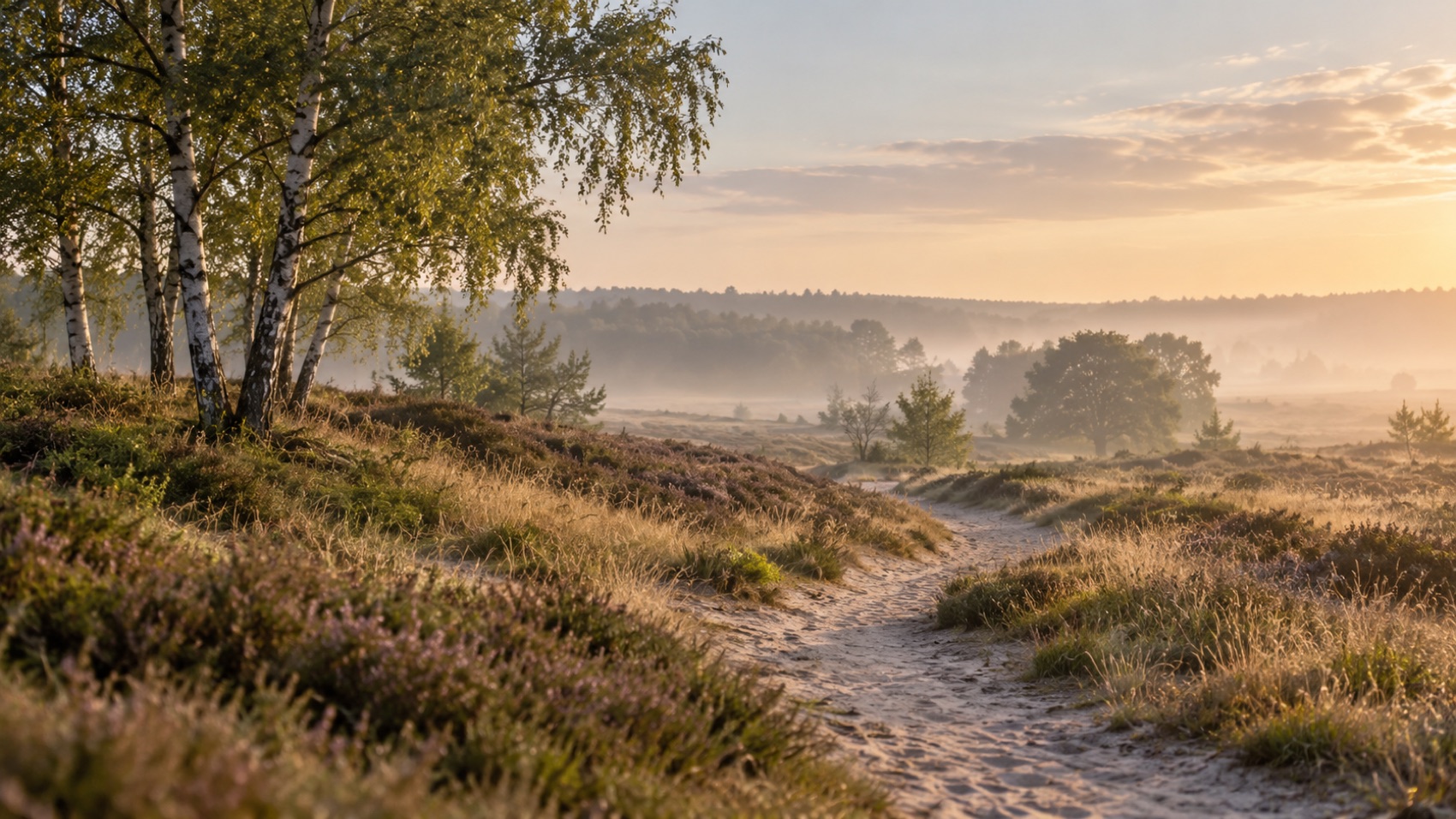 Een rustig zandpad tussen gras en berken in een noordelijk landschap